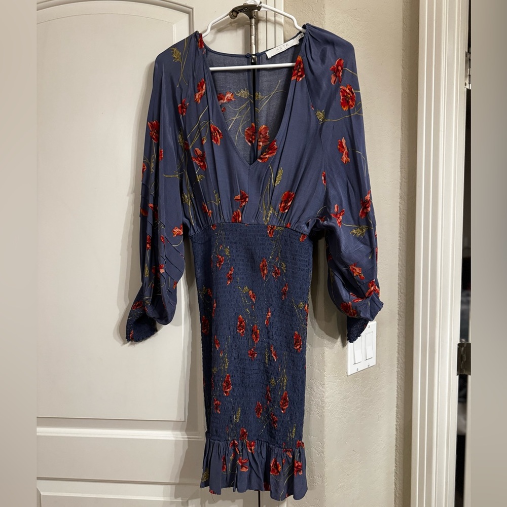 ASTR floral blue mini dress with stretch.